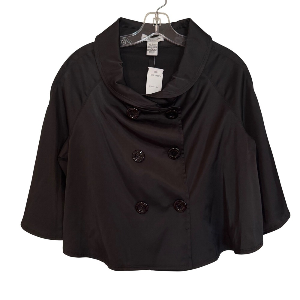 Steve Madden Double Breasted Cropped Satin Jacket Womens L Black Career Preppy